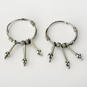 Estate .925 Sterling Silver Bali Design Wrapped & Dangling Bead Hoop Earrings